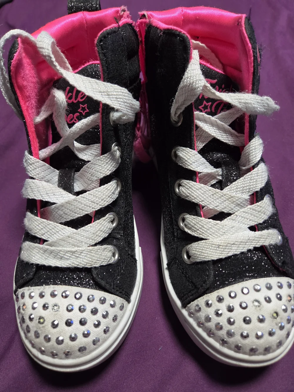 Skechers Kids High-Top Sneakers - Black & Hot Pink with Rhinestone Toe